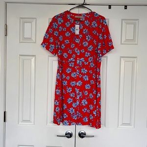 Blue and salmon/red floral dress. Buttons all the way. New with tags
